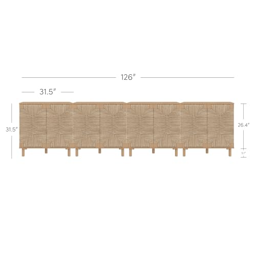 Image of Nathan James Beacon Boho TV Stand, Free Standing Kitchen Cabinet Storage with Adjustable Interior Shelf and Seagrass Accent, Seagrass /Raw Oak, Set of 4