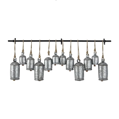 Deco 79 Metal Decorative Cow Bells Tibetan Inspired 12 Bell with Jute Hanging Rope and Black Metal Rod, 48" x 6" x 20", Gray by deco 79 - Used condition - US$82.31