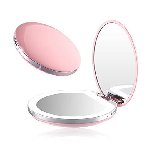 Espejo de Bolsillo o Monedero, Espejo de Viaje Pequeño, Espejo Portátil Plegable, Espejo Maquillaje de Bolsillo con Luz LED Natural, Portátil Espejo de Aumento 1X /3X Doble Cara Espejo Plegable (Rosa)