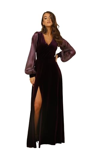 Long Sleeves Velvet Bridesmaid Dress V Neck Slit A-Line Long Prom Formal Evening Dress AN019