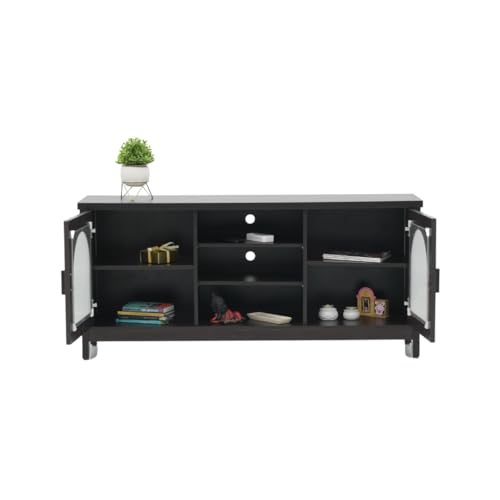 Image of Royaloak Texas American LCD Stand | Wooden TV Cabinet with Melamine Finish and Dark Wooden Color | Elegant Curved Glass Doors with Fluted Design | TV Unit with Storage and Soft Closure Hinges