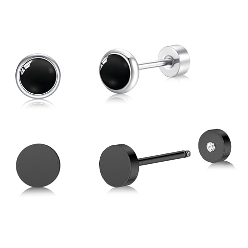 BLISI 2 Pairs Titanium Black Onyx & Heart/Moon/Star/Dot Earrings - Flat Back Earring Black Stud Earrings for Men & Women -Hypoallergenic, Trendy Earring Ideal for Daily Wear, Parties & Gifting