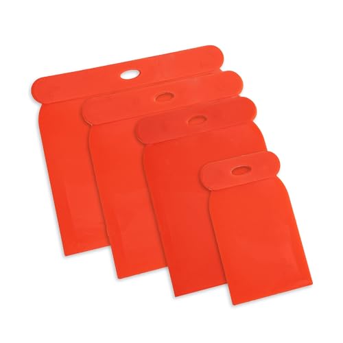 Juego de espátulas de Japón, 4 piezas, en naranja, plástico, longitudes de hoja 116, 98, 73, 48 mm, filo de 45°, resistentes a los ácidos, resistentes a los disolventes