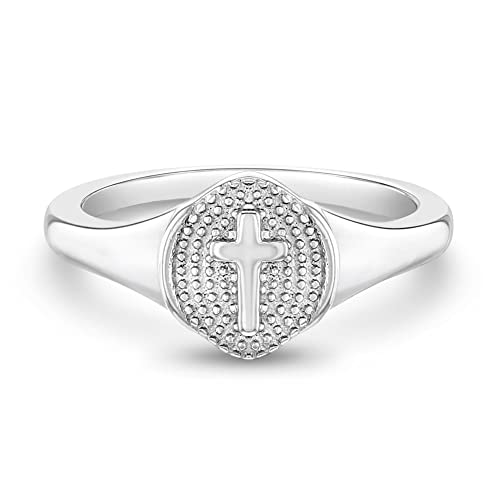 925 Sterling Silver Size 2-5 Classic Little Religious Signet Cross Rings for Children to Preteens - Beautiful Oval Shape Plain Cross Ring Band for Young Girls - Girl's Accessories for Daily Wear