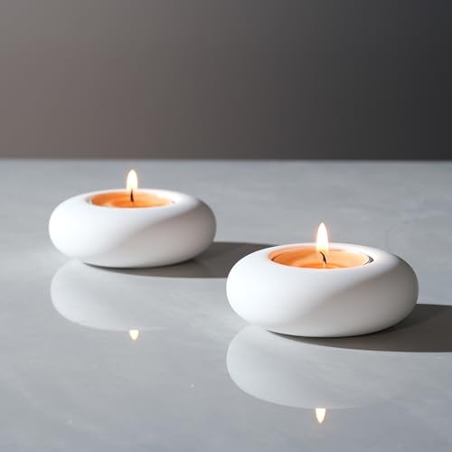 ICNBUYS Portavelas decorativo hecho a mano con diseño de guijarros – Decoración del hogar hecha a mano para calmar la estética terrosa cemento blanco, diámetro de 3 pulgadas, juego de 2