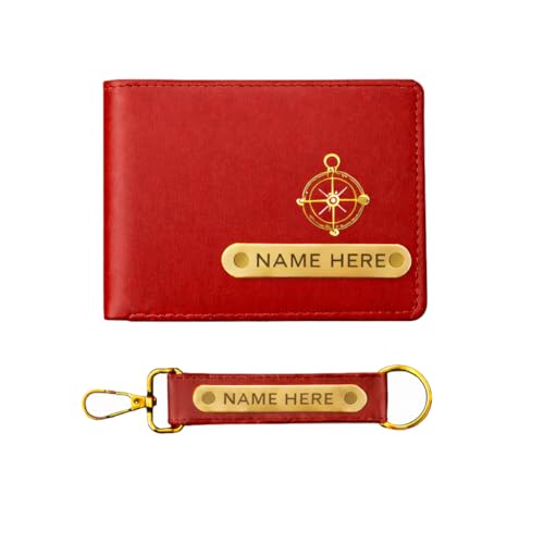 Image of Premium Customized Wallet & Keychain Combo for Men - Stylish Faux Leather Gift Set with Personalized Name & Charm - Ideal Birthday, Anniversary & Festival Present (Red)
