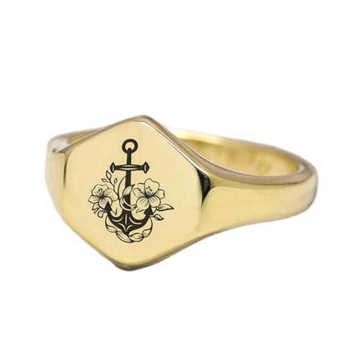 Chevalière ancre marine en argent sterling 925 plaqué or fait main