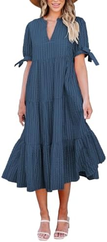 Theenkoln Womens Casual Midi Dress: Short Sleeve V-Neck Empire Wa...