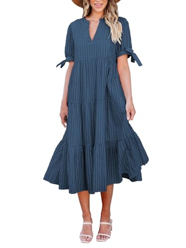 Theenkoln Womens Casual Midi Dress: Short Sleeve V-Neck Empire Waist Gingham Spring Fashion Long Trendy Tiered Formal Dresses