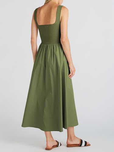 Image of Mieazom Women's Maxi Dress Summer Sleeveless Swing Sundress Casual Loose Tank Long Dresses with Pockets Army Green S