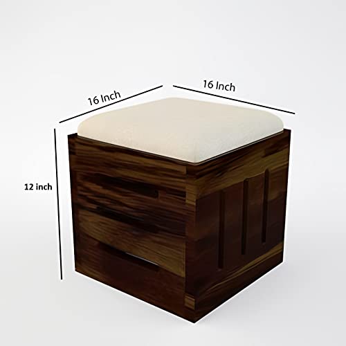 Image of Loonart Solid Sheesham Wood Coffee Table with Four Cushioned Stools | Idel for Living Room | Cafe | Restaurant | Space Saving Indoor Table Set | Finish Color - Brown Teak Finish | Off White Cushion |