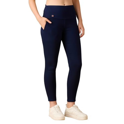 Image of 4FLIES Women's High Waist Slim Fit Jeggings | Super Combed Denim Stretch Ankle-Length Pants with Wide Waistband | Comfortable, Breathable Denim Look Leggings for Casual, & Office Wear