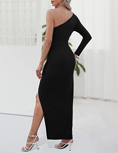 Sarin Mathews Womens One Shoulder Long Sleeve Cocktail Dresses Sexy Bodycon Ruched Wrap Split Party Formal Long Dress Black M - Image 3