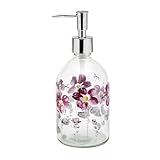17oz Glass Soap Dispenser with Plastic Pump for Kitchen and Bathroom, Refillable Liquid Clear Bottle for Dish Soap & Hand Soap(Flower)