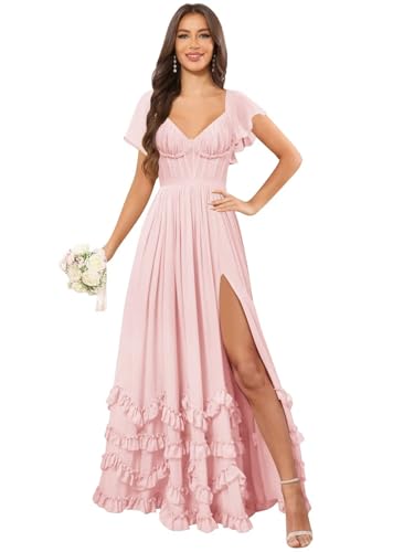 YMeiPaodw Women's Blush Pink Chiffon Long Bridesmaid Dresses for Wedding