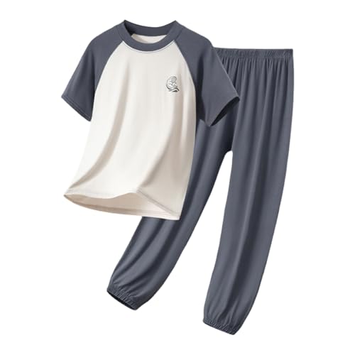 Image of Boys Girls Summer Clothes Set Kids 2 Piece Outfits Toddler Baby Short Sleeve Tops Joggers Tracksuit Cute Co Ord Sets Soft Comfort Breathable Casual Sweatsuit (Grey, 13-14 Years)