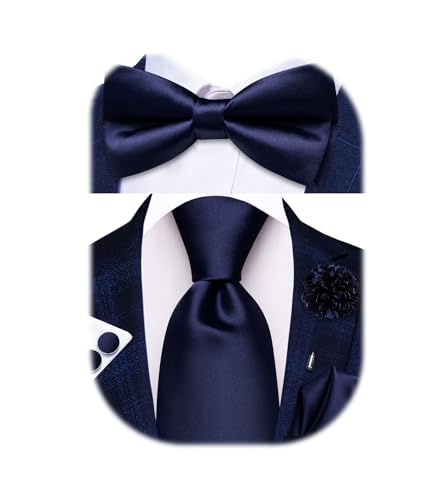 Image of Hi-Tie 5Pcs Mens Solid Color Silk Tie Satin Pretied Bowtie Lapel Pin for Men Handkerchief Cufflink Wedding Gift Box