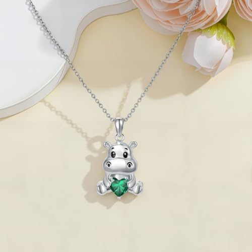 Image of PROESS Animal Birthstone Necklace 925 Sterling Silver Otter /Axolotl /Hippo /Elephant /Dachshund /Monkey /Red Panda Pendant Necklace Animal Birthstone Jewelry Gifts for Women