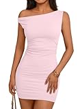 Trendy Queen Womens Mini Summer Dresses 2025 Graduation Going Out Off The Shoulder Bodycon Short Sexy Casual Party Club Cute Cocktail Spring Sundress Beach Fashion Vacation Outfits Pink XS