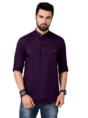 Image of DEEMOON Men's Cotton Blend Full Sleeve Short Kurta with Mandarin Collar Crafted from a Premium Cotton Blend