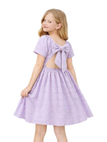 Image of HILEELANG Girls Summer Dress Bow Tie Back A-Line Party Dress for Little Big Girls Short Sleeve Dress with Lining 6-12 Years