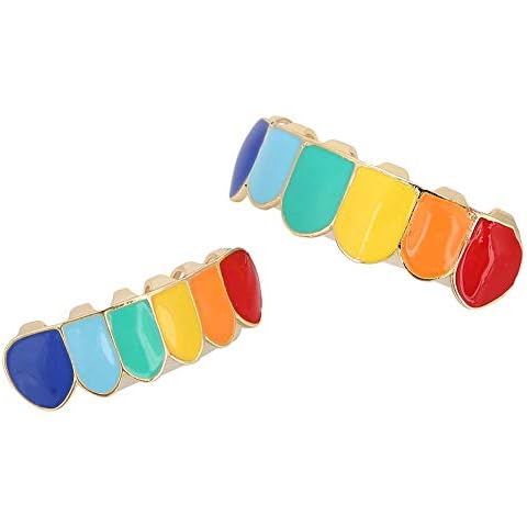 Hip Hop GrillzTeeth, coole, praktische, mehrfarbige Grillz-Zähne aus Messing, umweltfreundlich für Damen Herren(Farbenfroher goldener Anzug) Cover