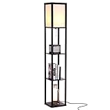 Brightech Maxwell - Modern LED Shelf Floor Lamp - Skinny End Table and Nightstand for Bedroom - Combo Narrow Side Table with Standing Accent Light Attached - Asian Tower Book Shelves - Black