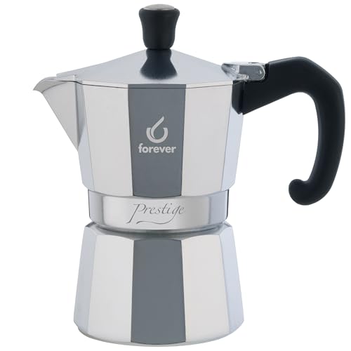 FOREVER Caffettiera Moka 3 Tazze Alluminio, Miss Moka Prestige, Caffettiera Moka per Casa, Caffettiera Portatile per Viaggio, Tazze di Caffè, inclusa Guarnizione in Silicone