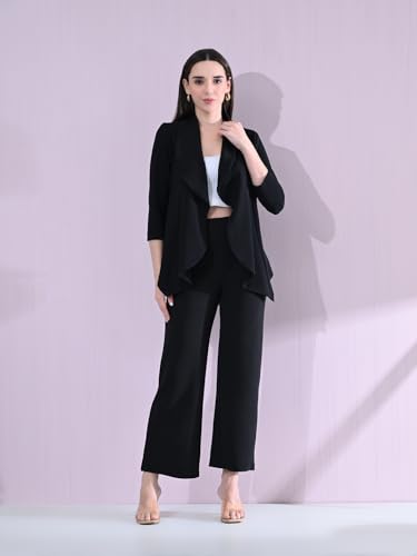 Image of Women's Solid Relaxed Fit 3 /4 Sleeve Cotton Blend Co-ord Blazer and Trouser Set