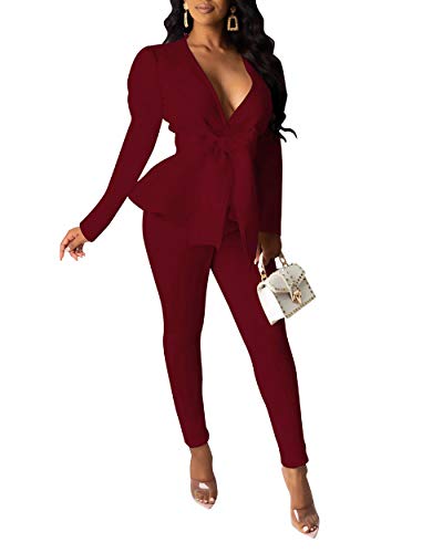 Sexy 2 Piece Pants Sets for Women- Long Sleeve V Neck Bow Tie Peplum Pullover Tops Bodycon Long Pants Sets Jumpsuits Wine Red 2XL