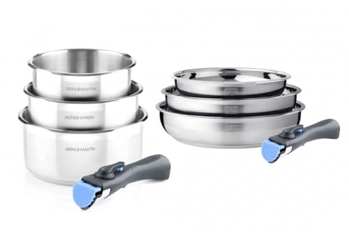ARTHUR MARTIN - Batterie De Cuisine Inox 8 Pièces - 3 Casseroles Ø 16, 18, 20 cm - 2 Manches Amovibles - Compatible Induction - Ensemble Pratique Et Fonctionnel