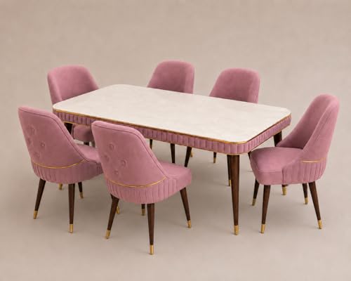 Image of WOODEN SPACE 6-Seater Wooden Dining Table Set | Nano Composite Marble Top | Solid Wood Base | Modern Dining Room Furniture with 6 Chairs (Pink Grand Aura)