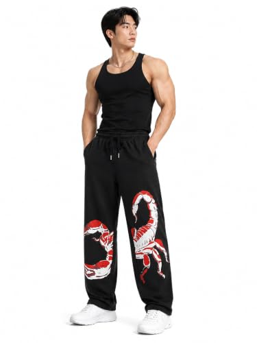 Image of Aesthetic Gothic Wide Leg Pants for Men | Tribal Print Baggy Streetwear | Oversized Track Pants with Elastic Waist | Black and White Relaxed Fit Bottoms