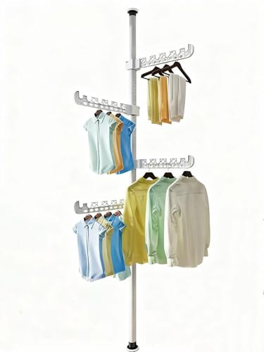 RUB スタンド式フロアハンガー、多層ベッドルーム用洋服ハンガー、伸縮式室内物干し竿、簡単ワンタッチ取り付け、簡単組み立て、伸縮可能、物干し竿、ハンガーアーム、物干しラック、安定して揺れず、スペース節約 (白, 5段ハンガー掛け)