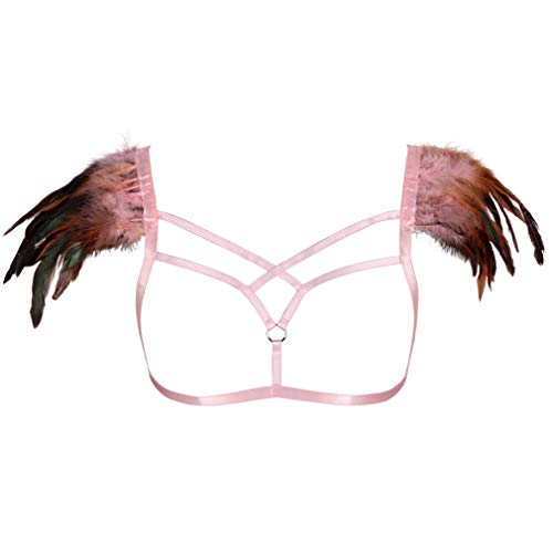 Arnés de pecho de plumas para mujer, hombrera, ala de ángel, punk, cuerpo abierto, tiras de pecho, cinturones de rave ardientes (Rosado) Cover
