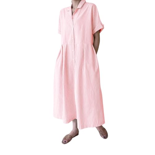 Image of chouyatou Women's Cotton Striped Shirt Dress Button Up Short Sleeve Midi Long Shift Dress with Pockets