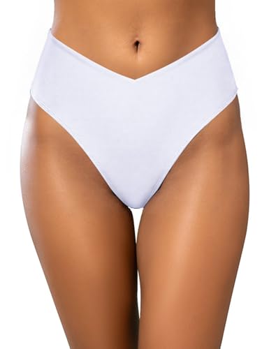 Oheyeseker Womens V Cut Bikini Bottom High Waist Bathing Suit Bottoms Moderate Coverage Swim Briefs（M，White）