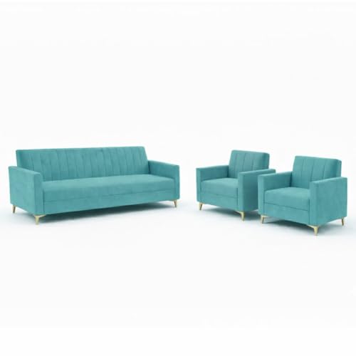Image of Marvello 3+1+1 Fabric Sofa Set for Living Room | Soft Velvet Upholstery, Sturdy Wooden Frame | Stylish Sofa for Hall & Office Spaces (Sky Blue)