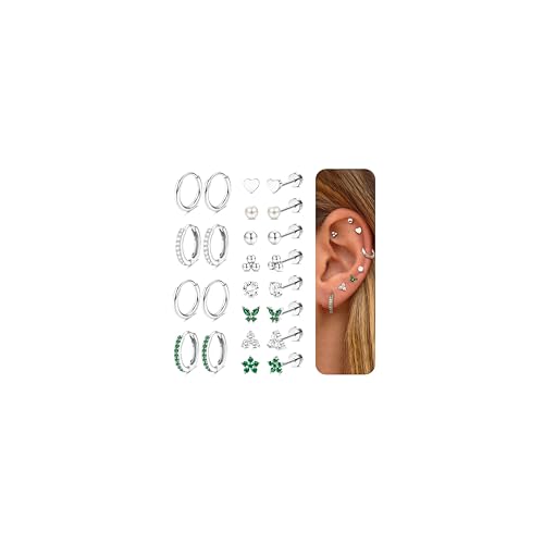 CASSIECA 12Paar Ohrringe Silber Set 316L Chirurgenstahl Ohrringe für Damen Medizinische Ohrstecker Creolen für Mehrfachpiercing Grün Kubisch Silber Helix Tragus Piercing Ohr