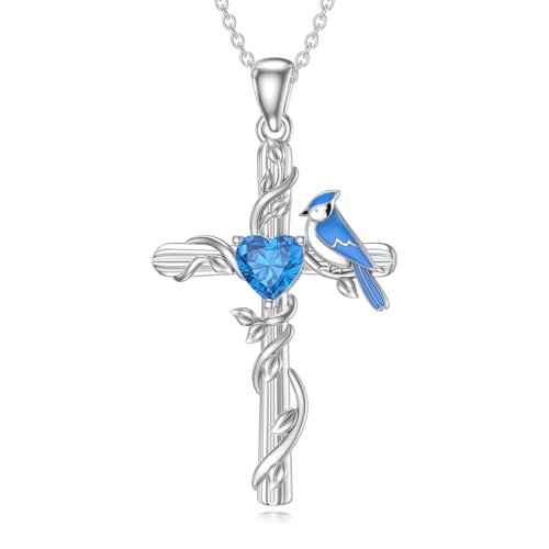 Blue Jay Necklace for Women 925 Sterling Silver Natural Swiss Blue Topaz Blue Jay Cross Pendant Our Love Never Dies Bird Jewelry Gifts for Mom Wife