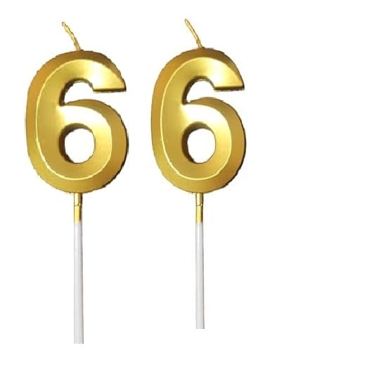 Image of ToyUniverse Number 66 Gold Candle | Sixty Six Number Candle | Number 66 Metallic Gold Candle for Sixty Sixth Birthday,Anniversary, Surprise Party Cake Decoration Candle (Pack of 2,Number 66)
