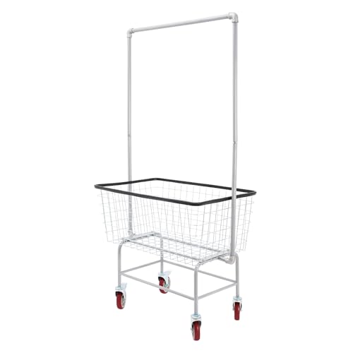 Wire Laundry Cart With Hanging Rack, 2.5 Bushel Wire Laundry Basket with Wheels, Rolling Laundry Hamper with Storage Basket, 28''x22''x67'' Heavy Duty Wire Laundry Basket Cart, 5