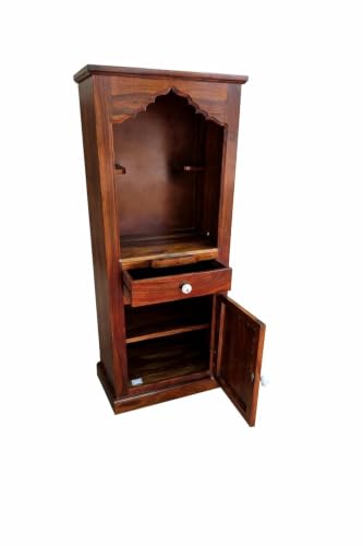 Image of Solid Sheesham Wood Temple for Home & Office /Mandir /God Stand /Pooja Stand /Home Mandap /Mandapam with Cabinet 1 Doors & Multiple Storage /Shelf with Drawers (Honey TmT1, 23x15x57 inch)