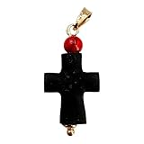 LESLIE BOULES Hand-Crafted Genuine Azabache Cross Pendant 18K Gold Plated - Symbol of Protection & Good Energy