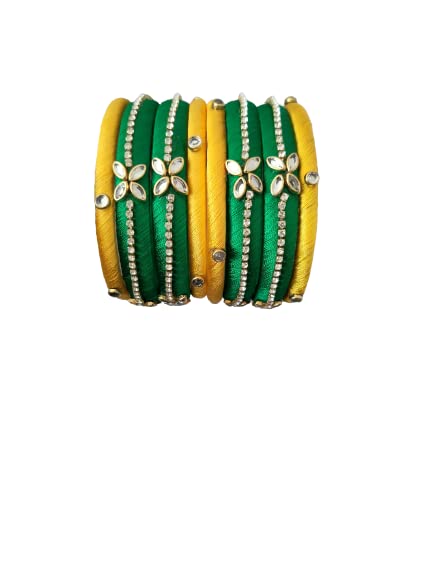 Rajshyama Handicrafts Silk Thread Bangle Kada For Women Girls 8 PC Set Wedding & Festive Occasion Handmade Multicolored Chura Chuda Chudi Stone Studded (DARK GREEN - YELLOW, 2.4) (B0C33825XR) Amazon Price History, Amazon Price Tracker