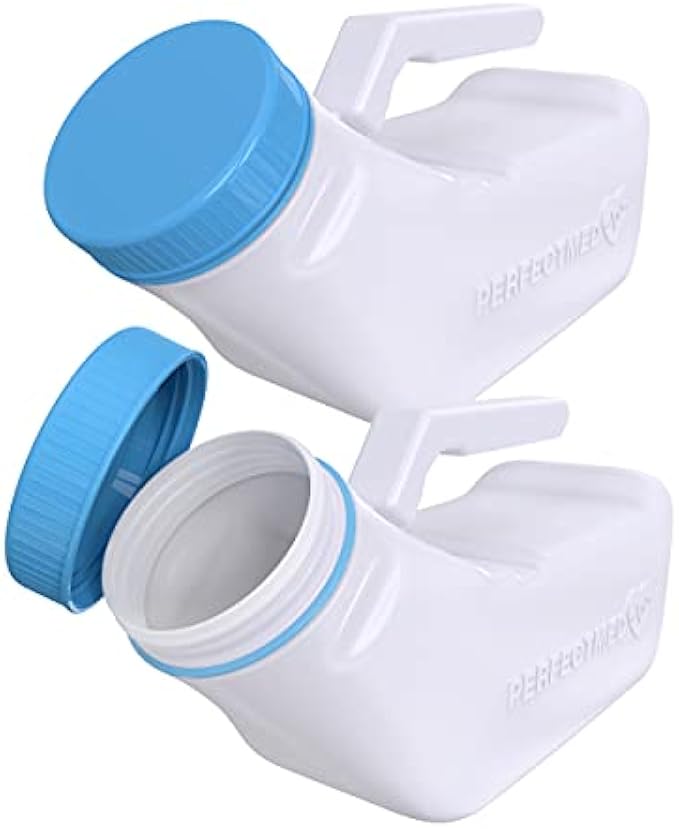 Urinals for Men Spill Proof by PerfectMed (2 Pack) - 32 oz/ 1000 ml | Portable Urine Bottle Bed Pan W/Glow in Dark Lid | Thick Plastic Pee Urinal Bottle