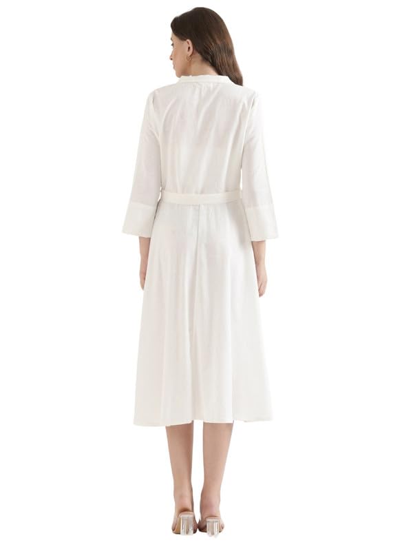 Image of SAADAA Women Cotton-Linen Blend Flared Dress | Midi Dress with 3 /4 Sleeves, Adjustable Waist Belt & Pockets | Below Knee Casual Dress for Office, Travel & Everyday Wear