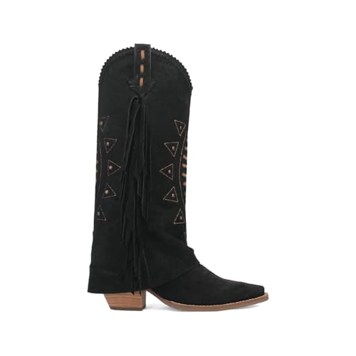 UniqueStride Women Fold Over Fringe Western Boots Tassels Suede Chunky Heel Cowboy Cowgirl Studded Stitching Snip Toe Boots2