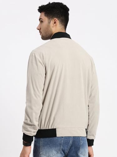 Image of SHOWOFFFF Men Solid Bomber Jacket | Mandarin Collar Full Sleeves Corduroy Jacket for Mens | Slim Fit Regular Length Jacket for Men's