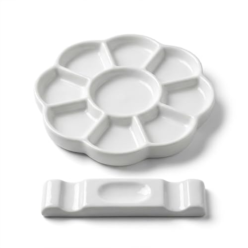 Paleta de acuarela de cerámica blanca de 5 pulgadas con diseño de flor de ciruelo y soporte integrado 2